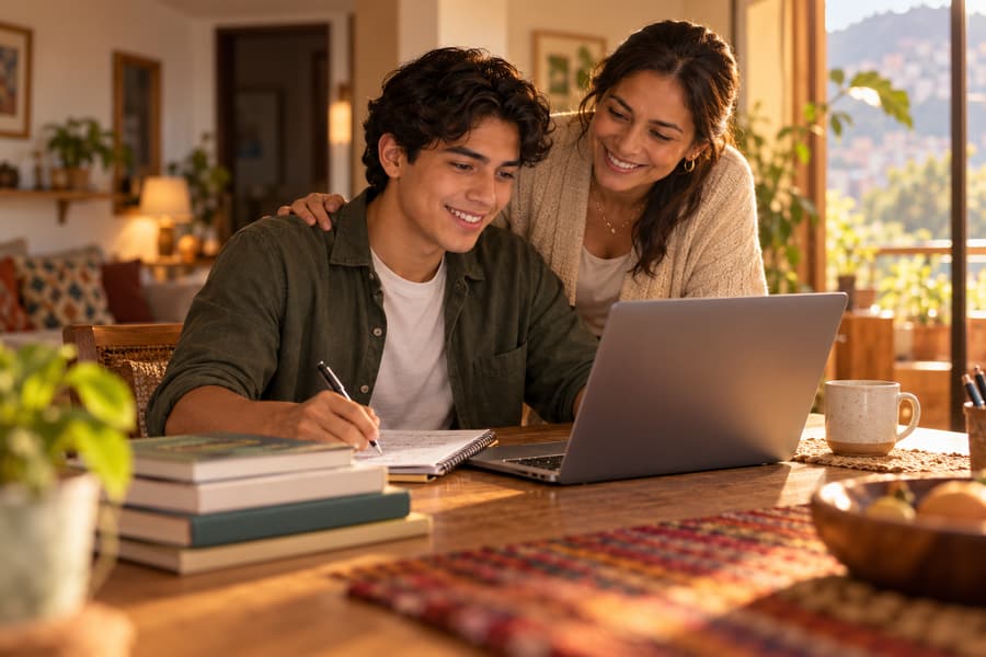 Estudiante y su madre compartiendo un momento de estudio