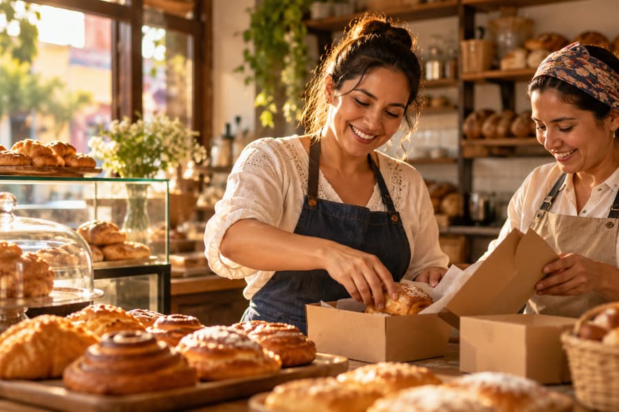 Emprendedora preparando pedidos en su panadería